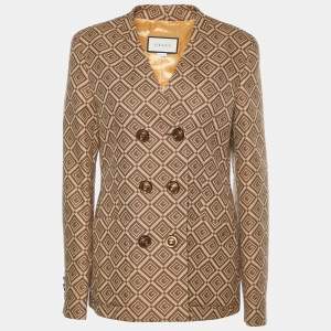 Gucci Brown Logo Jacquard Cotton Double Breasted Blazer M
