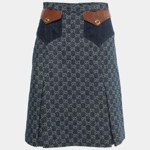 Gucci Dark Blue Guccisima Denim Pleated Knee Length Skirt S
