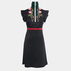 Gucci Black Technical Jersey Floral Embroidered Turtle Neck Dress S