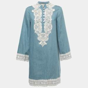 Gucci Blue Chambray Lace Embellished Tunic Mini Dress M