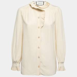 Gucci Cream Silk Pleat Detail Button Front Long Sleeve Blouse M