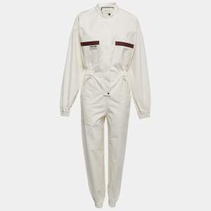 Gucci Cream Cotton Web Stripe Detail Full Sleeve Zip Front Jumpsuit M