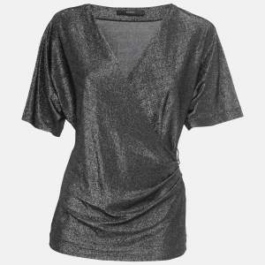 Gucci Metallic Black Knit Draped Half Sleeve Top S