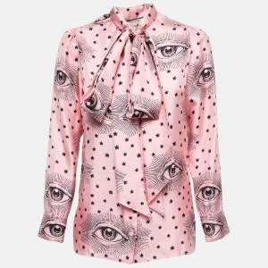 Gucci Pink Eye Printed Silk Tie Neck Shirt S