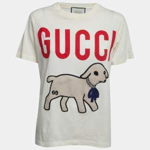 Gucci Cream Lamb Embroidered Logo T-Shirt S