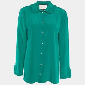 Gucci Green Silk Ruffle Detail Button Front Shirt M 