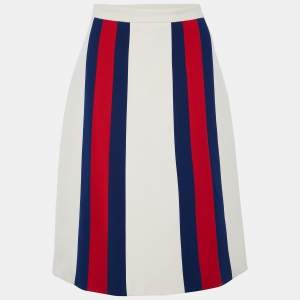 Pre Owned Gucci Cream Wool & Silk Striped Detail Knee Length Skirt M