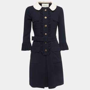 Pre Owned Gucci Navy Blue Wool Crepe Ruffled Belted Dress S