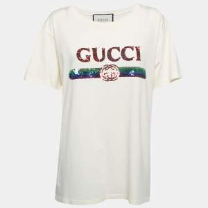 Gucci Cream Sequined Logo Cotton Crew Neck T-Shirt M