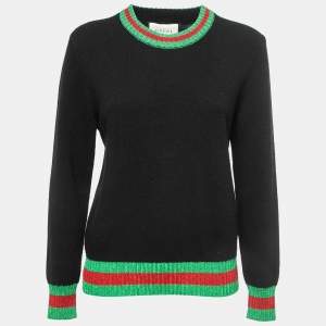 Gucci Black Wool Lurex Web Trim Detail Sweater L