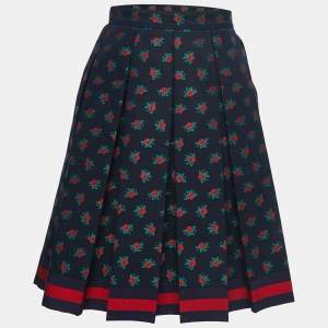 Gucci Navy Blue Floral Jacquard Cotton Pleated Skirt M