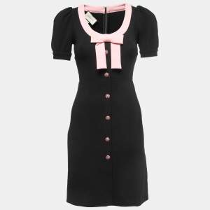 Gucci Black Technical Jersey Bow Embellished Crystal Button Midi Dress XS