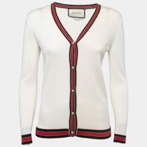 Gucci Cream Wool Metallic Stripe Trimmed Buttoned Cardigan S