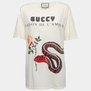 Gucci Cream Guccy Maison De L'amour Printed Cotton Knit T-Shirt L