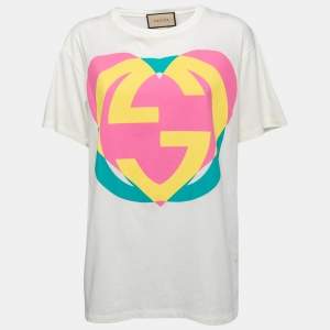 Gucci  Off-White Interlocking G Heart Printed Cotton Oversized T-Shirt XS