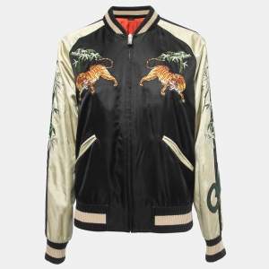 Gucci Black Tiger Embroidered Satin Reversible Bomber Jacket L