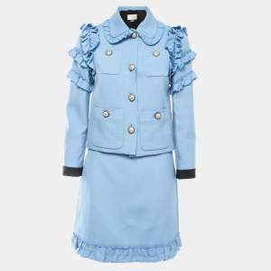 Gucci Blue Wool Blend Ruffled Skirt Suit S