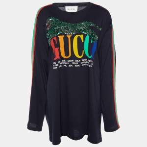 Gucci Black Logo Printed Knit Sequin Embellished Tiger Detail Long Sleeve T-Shirt XL