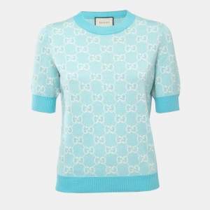 Pre Owned Gucci Blue GG Jacquard Knit Sweater Top S