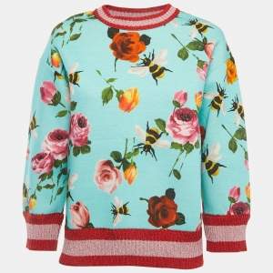 Gucci Blue Rose & Bees Print Cotton Lurex Trimmed Crew Neck Sweater XS