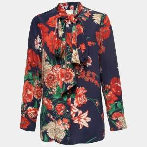 Gucci Navy Blue Floral Printed Silk Tie-Neck Blouse M