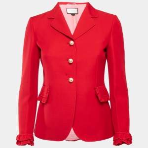 Gucci Red Wool & Silk Ruffle Detail Single Breasted Blazer S