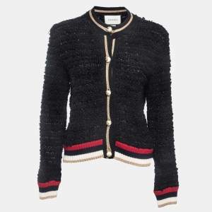 Gucci Black Boucle Knit Web Cardigan L