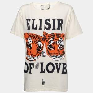 Gucci Cream Tiger Print Sequined Cotton Crew Neck Half Sleeve T-Shirt S