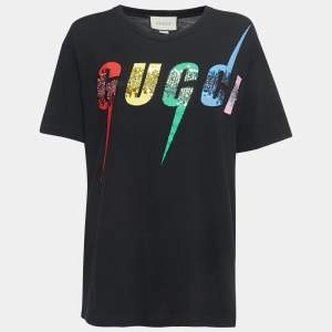 Gucci Black Cotton Logo Embellished Half Sleeve T-Shirt XS