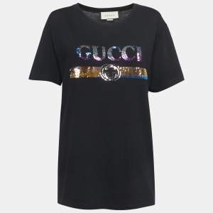 Gucci Black Cotton Logo Sequin Detailed Half Sleeve T-Shirt S
