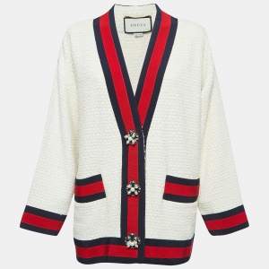 Gucci Off White Tweed Web Stripe Detail Buttoned Jacket S