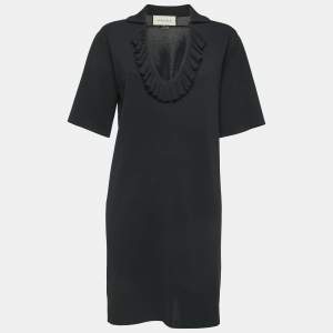 Gucci Black Jersey Ruffled Neck Belt Detail A-Line Mini Dress M