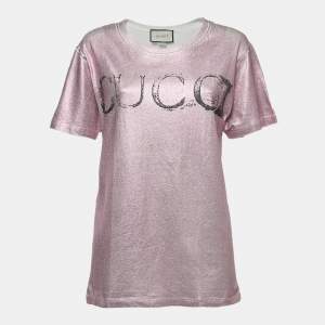 Gucci Pink/White Logo Print Cotton Half Sleeve T-Shirt XS