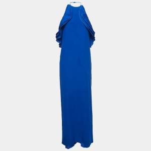Gucci Blue Silk Ruffled Neck One Shoulder Maxi Dress M