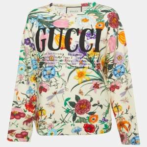Gucci Cream Floral Printed Cotton Logo Sweatshirt S