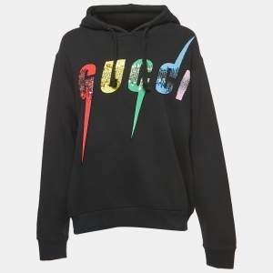 Gucci Black Cotton Sequined Logo Hooded Oversized Sweatshirt XS