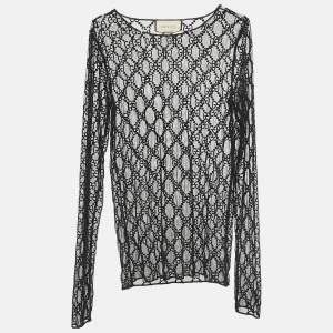 Gucci Black Logo Embroidered Tulle Long Sleeve Top S