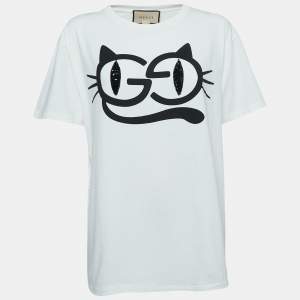 Gucci Off White Cat Eyes Print Cotton Embellished Half Sleeve T-Shirt M