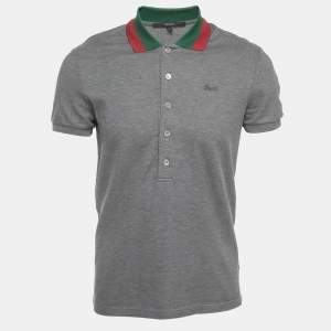 Gucci Grey Cotton Web Detailed Polo T-Shirt M