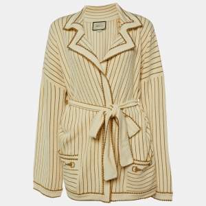 Gucci Cream Lurex Wool Knit Belted Cardigan L