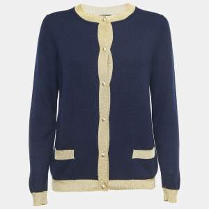 Gucci Navy Blue/Metallic Cashmere Buttoned Cardigan M