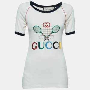 Gucci Cream Logo Tennis Embroidered Cotton Short Sleeve T-Shirt S