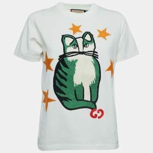 Gucci White Cat Embroidered Cotton T-Shirt XS