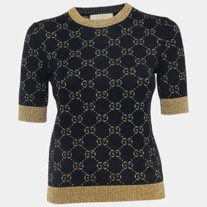 Gucci Navy Blue/Metallic GG Patterned Knit Top XS