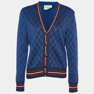 Gucci Navy Blue Lurex Logo Jacquard Knit Button front Cardigan XL