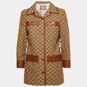 Gucci Brown/Beige GG Canvas Leather Detailed Jacket S