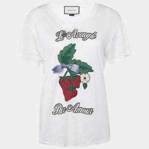 Gucci White Linen Knit Embroidered Detail T-Shirt S