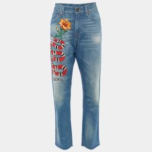 Gucci Blue Floral Snake Embroidered Denim Boyfriend Fit Jeans S/Waist 32"