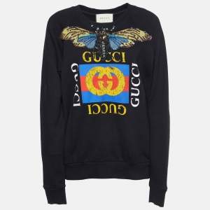 Gucci Black Logo Sequined Butterfly Cotton Oversized Sweatshirt XS