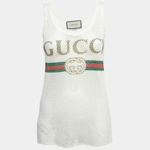 Gucci White Logo Patterned Knit Tank Top S